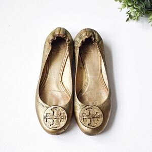 Vintage Tory Burch Reva Metallic Gold  Leather Comfy Ballet Flats • Size 9M